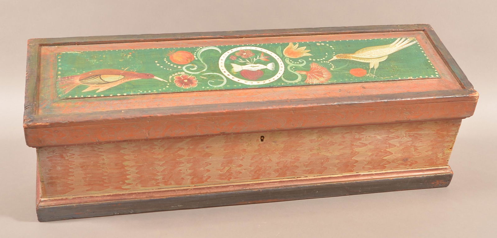 Continental Paint Decorated Wooden Tool Chest.: Continental Paint Decorated Wooden Tool Chest. 10"h. x 35"l. x 11"d. Condition: Good with wear. Later paint.