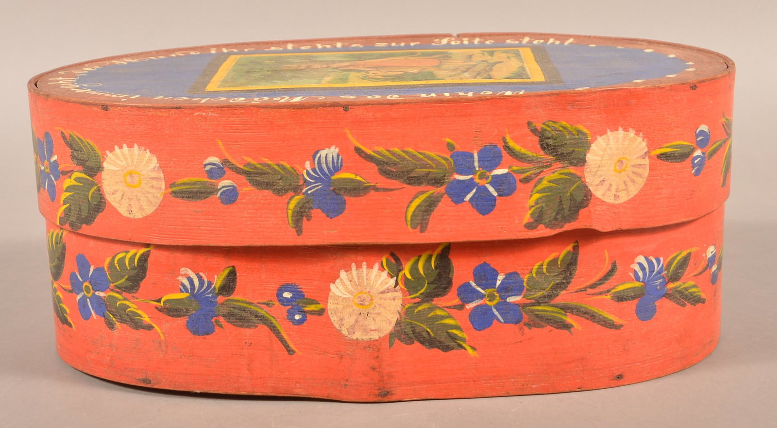 Antique Paint Decorated Oval Bentwood Bride's Box.: Early 19th Century Paint Decorated Oval Bentwood Bride's Box. Transfer of child with dog on lid. 6-1/2'h. x 9-3/4"w. x 16-3/4"l. Condition: Very good.
