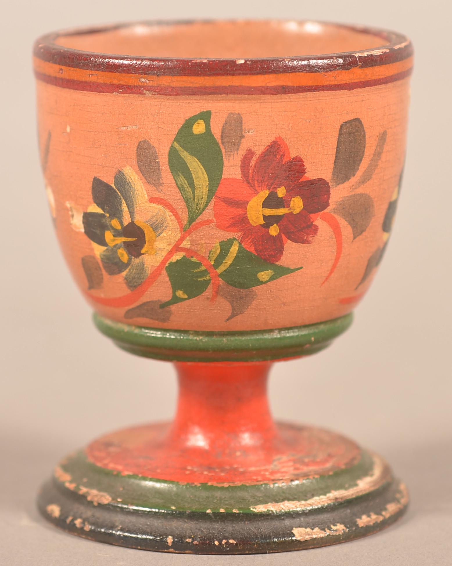 Lehnware Floral Polychrome Decorated Egg Cup.: Lehnware Floral Polychrome Decorated Egg Cup. Joseph Long Lehn, 1798-1892, Clay Township, Lancaster County, Pennsylvania. Turned poplar wood, polychrome painted with salmon ground, polychrome floral d