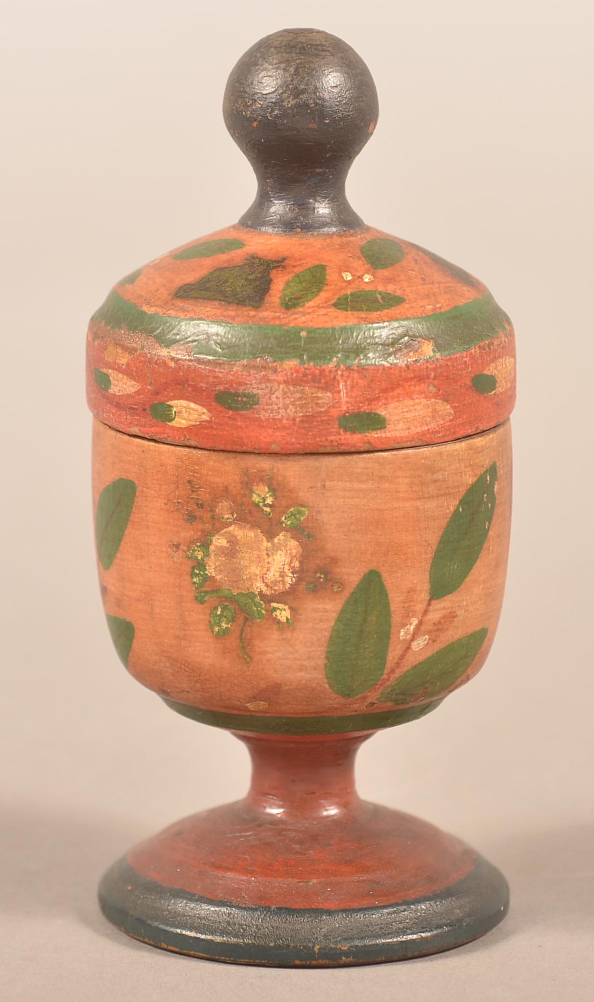 Lehnware Turned and Painted Covered Saffron Cup.: Lehnware Turned and Painted Covered Saffron Cup. Joseph Long Lehn, 1798-1892, Clay Township, Lancaster County, Pennsylvania. Turned poplar wood with dome lid with ball finial and molded base, alternat