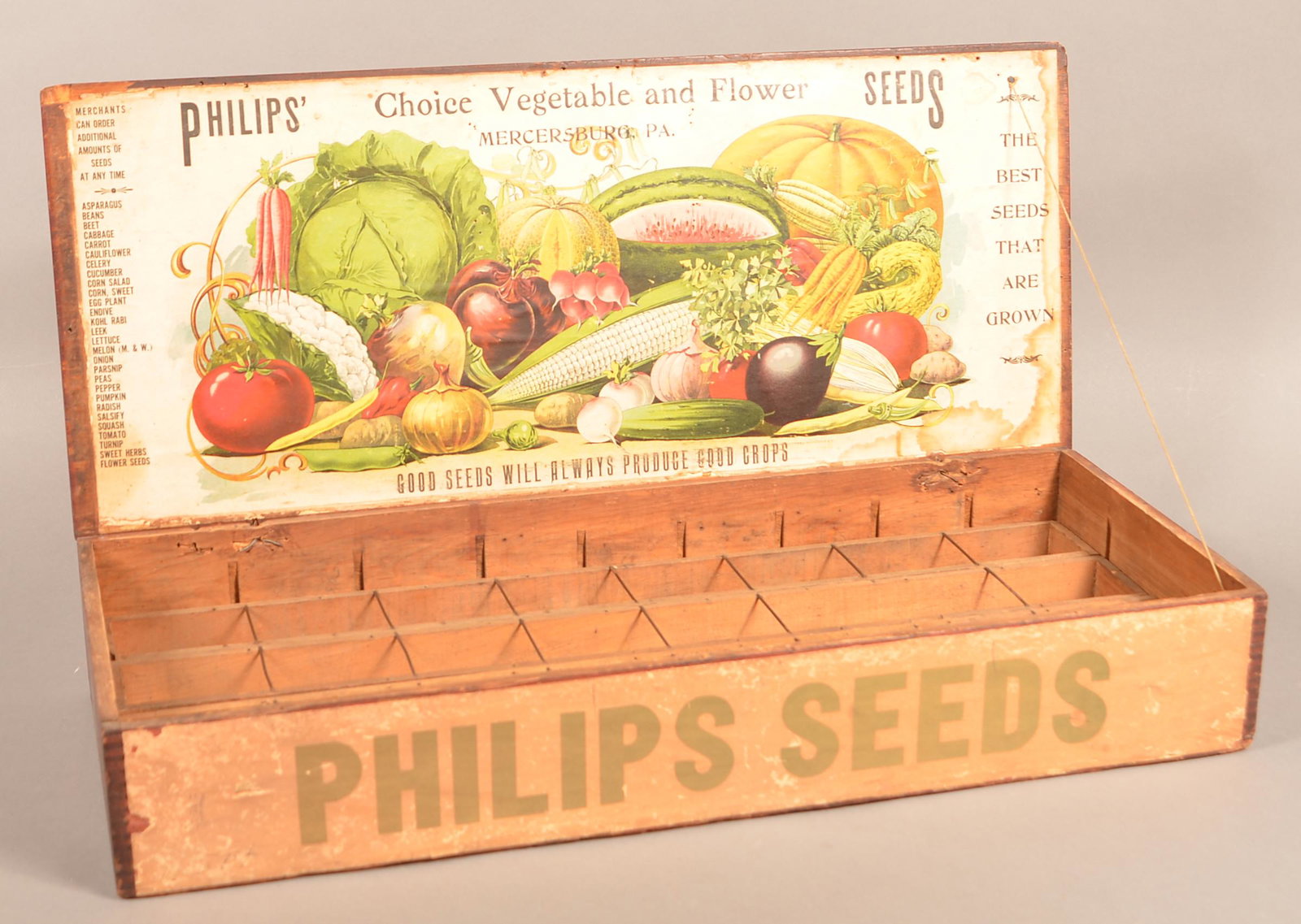 Color Litho Philips Advertising Wood Seed Box.: Color Litho Philips Advertising Wood Seed Box. 5"h. x 28-1/2"w. x 12-1/4"d. Condition: Good with wear.