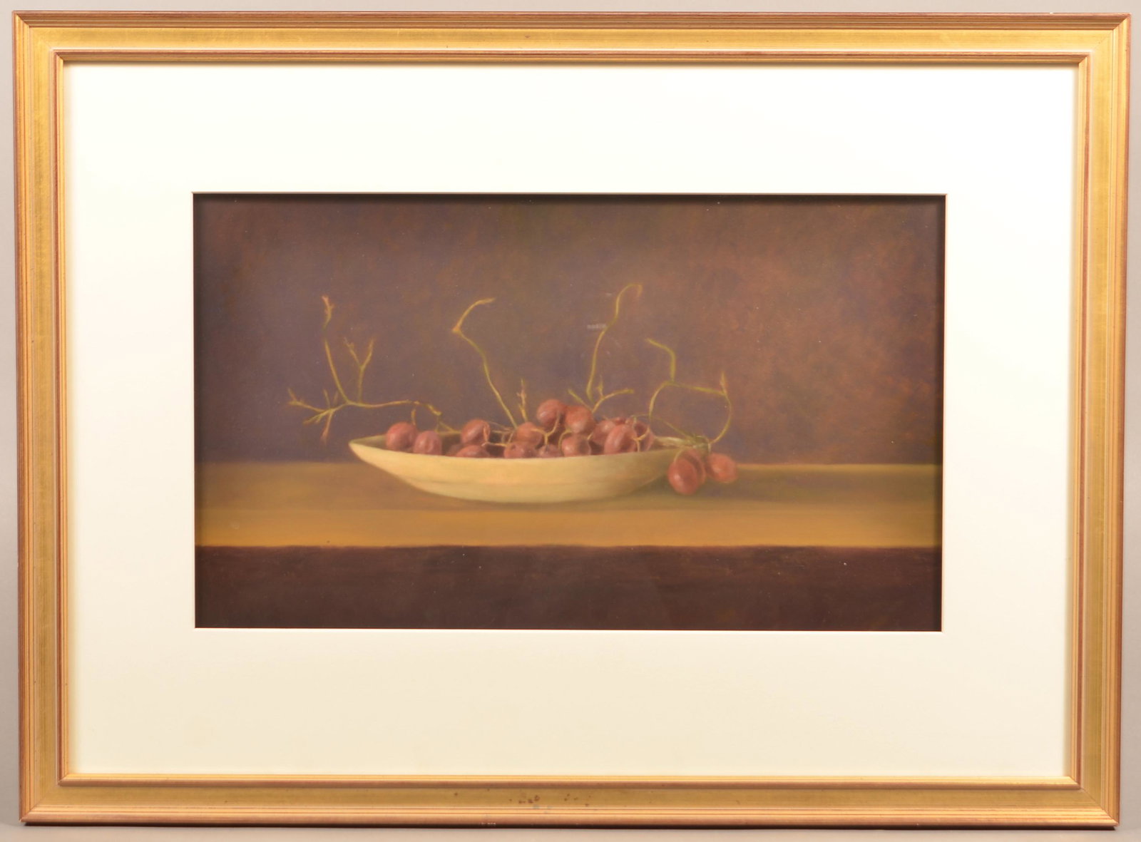Gary Butson Still Life of Grapes Oil Painting.: Gary Butson Still Life of Grapes Oil Painting. (Pennsylvania 20th/21st). Signed on backing. Image size 11" x 19", framed and matted 20-1/2" x 28" overall. Condition: Good.