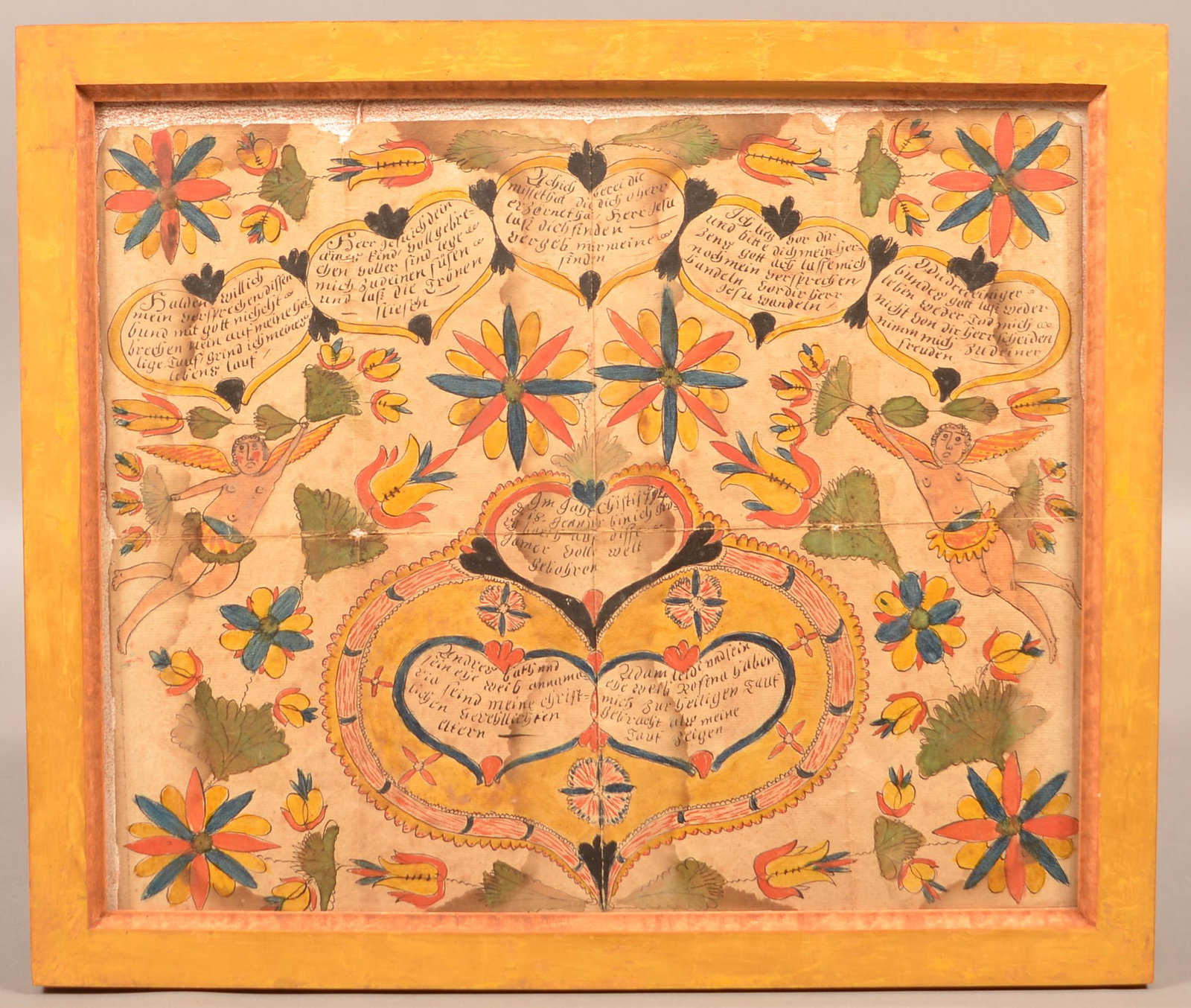 Joseph Lochbaum, 9 Hearts Artist Watercolor Fraktur.: Joseph Lochbaum, Nine Hearts Artist Ink and Watercolor Fraktur. Mirror image decorated with angels, hearts, tulips and floral devices. In a modern frame, 15-1/2" x 18" overall. Condition: Good with st