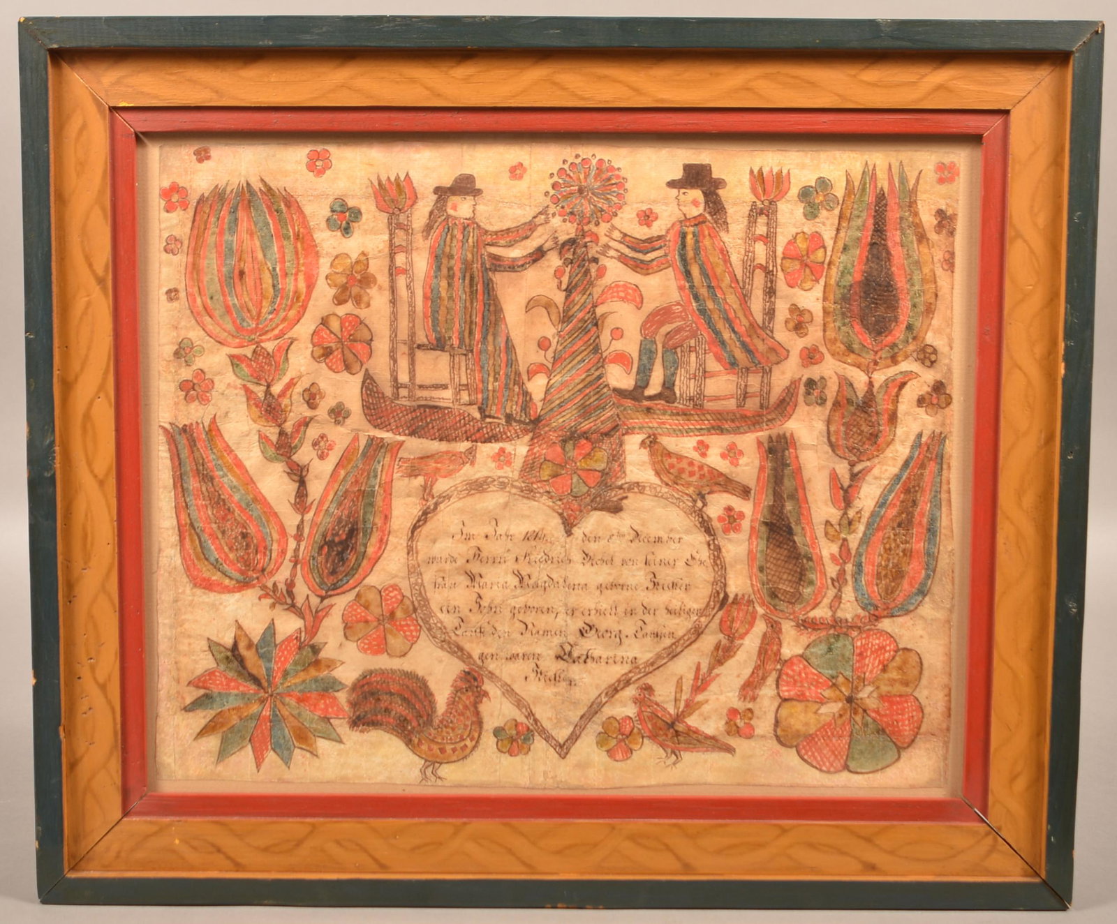 Pennsylvania 1814 Ink and Watercolor Fraktur.: Pennsylvania 1814 Ink and Watercolor Fraktur. Central heart with text, seated figures, rooster, chicken, bird and floral motifs. In a modern painted frame, 17-1/4" x 20-1/4" overall. Condition: Good w