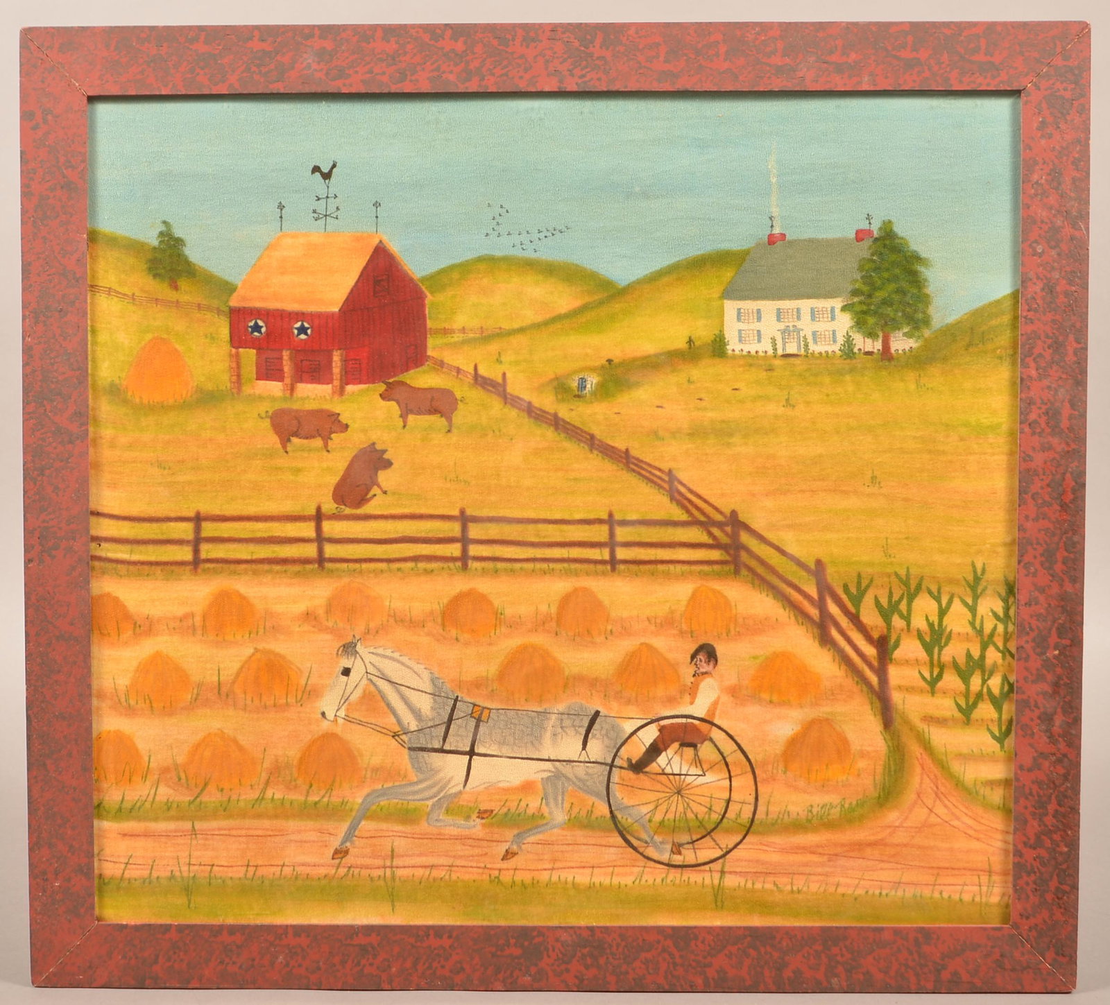 Bill Rank Sulky Theorem Painting on Velvet.: Bill Rank Sulky Theorem Painting on Velvet. Sulky with driver pulled by a dapple gray horse in foreground, Amish farmstead in background. Original red with black sponge decorated frame. 20-3/4" X 22-3