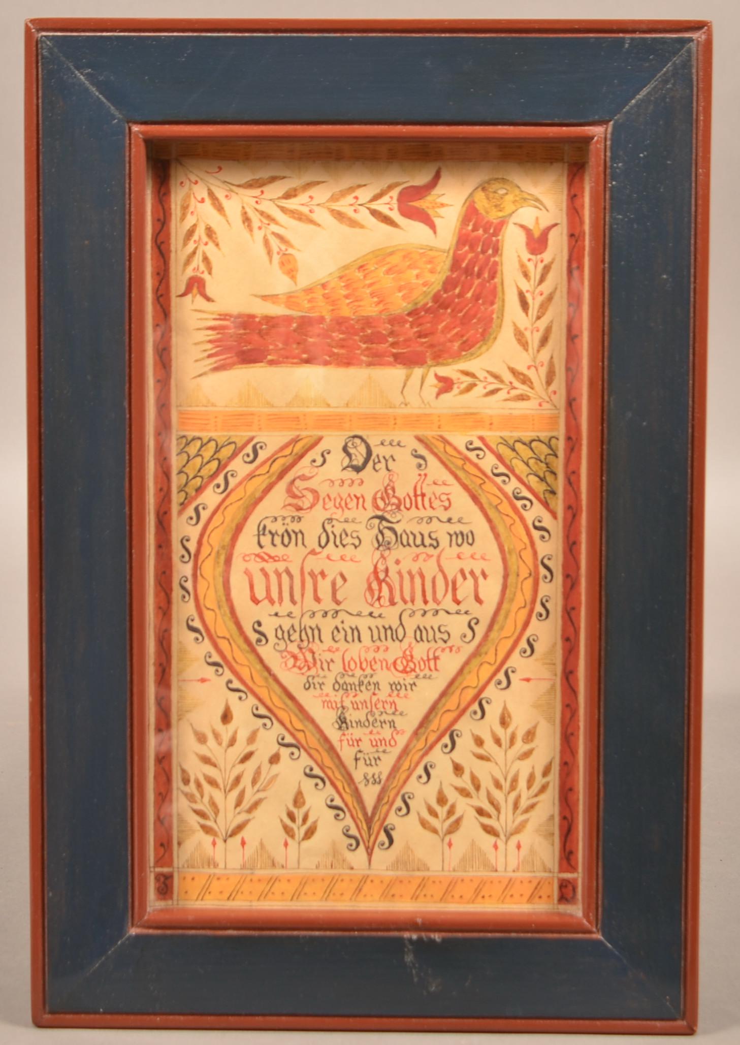 J. Dickerman Contemporary folk Art Fraktur.: J. Dickerman Contemporary folk Art Fraktur. In a painted frame, 13" x 9" overall. Condition: Very good.