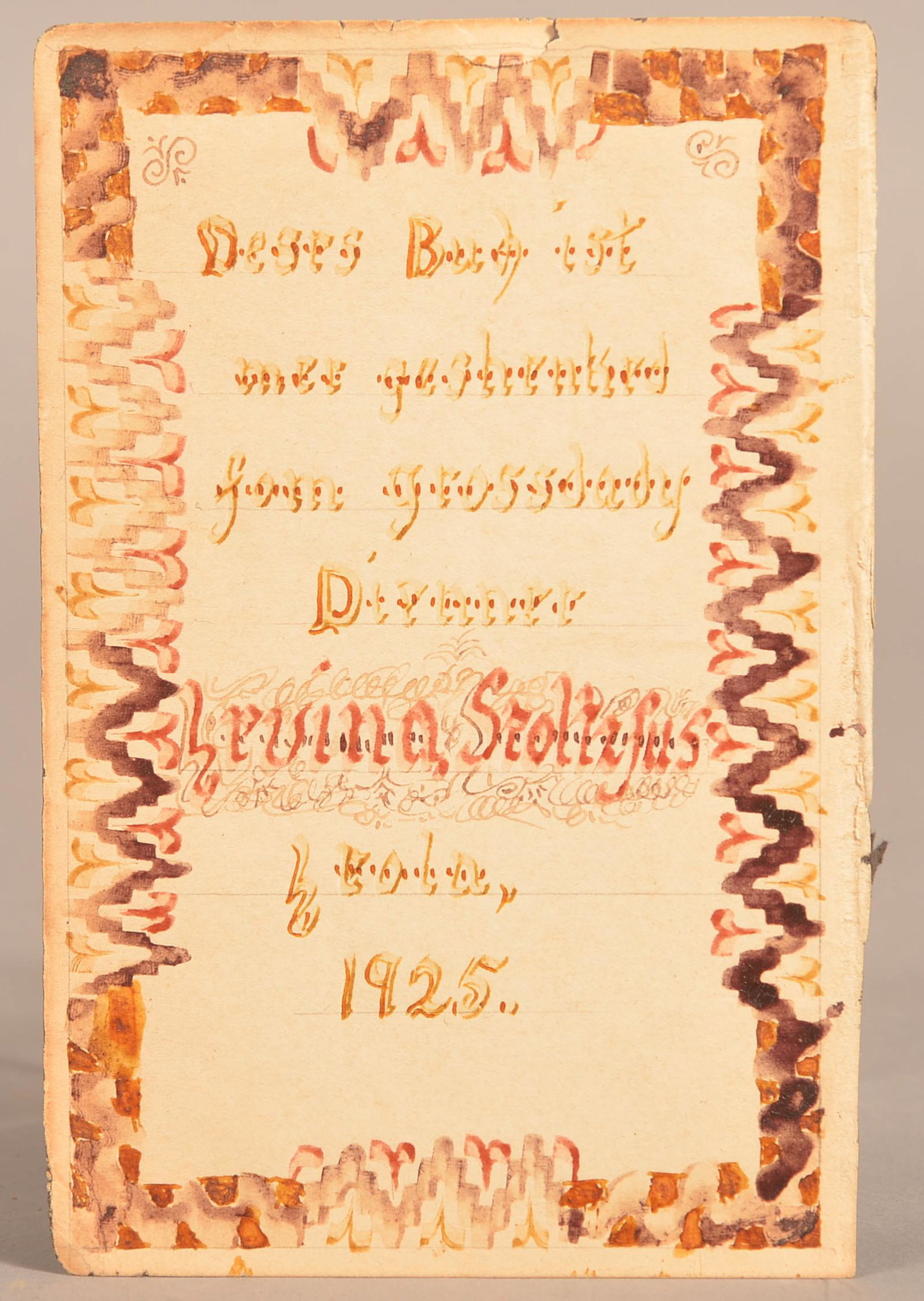 Amish Fraktur Bookplate "Levina Stoltzfus, Leola 1925".: Amish Fraktur Bookplate "Levina Stoltzfus, Leola 1925". (Lancaster County, PA). 6-3/4' x 4-1/2". Condition: Good with toning and foxing.