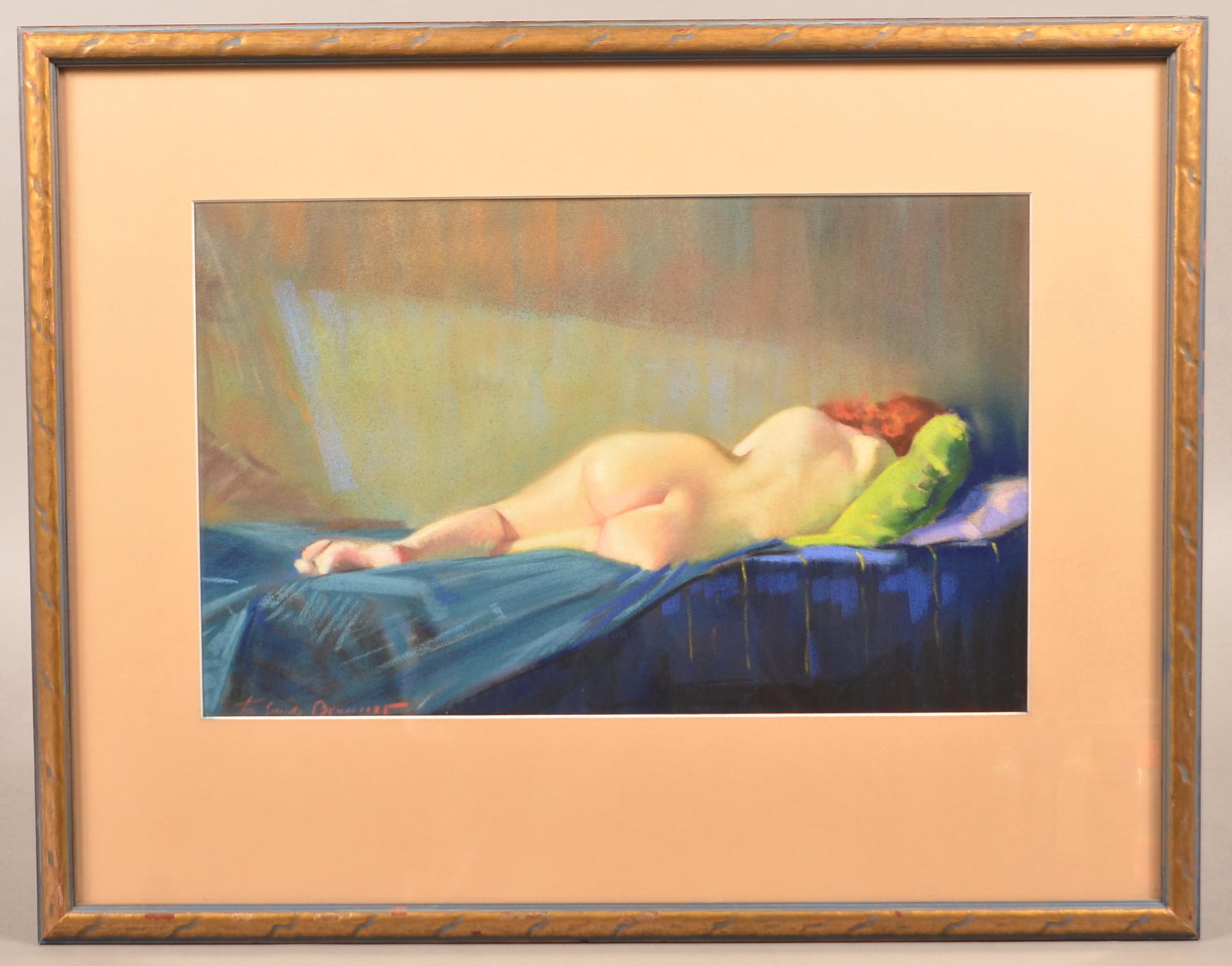 F. Sands Brunner Pastel Nude In Repose Painting.: F. Sands Brunner Pastel On Paper Nude In Repose Painting. (Frederick Sands Brunner, Berks County, PA 1886-1954). Depicting a red-headed nude woman lying on a bed. Signed lower left "F. Sands Brunner".