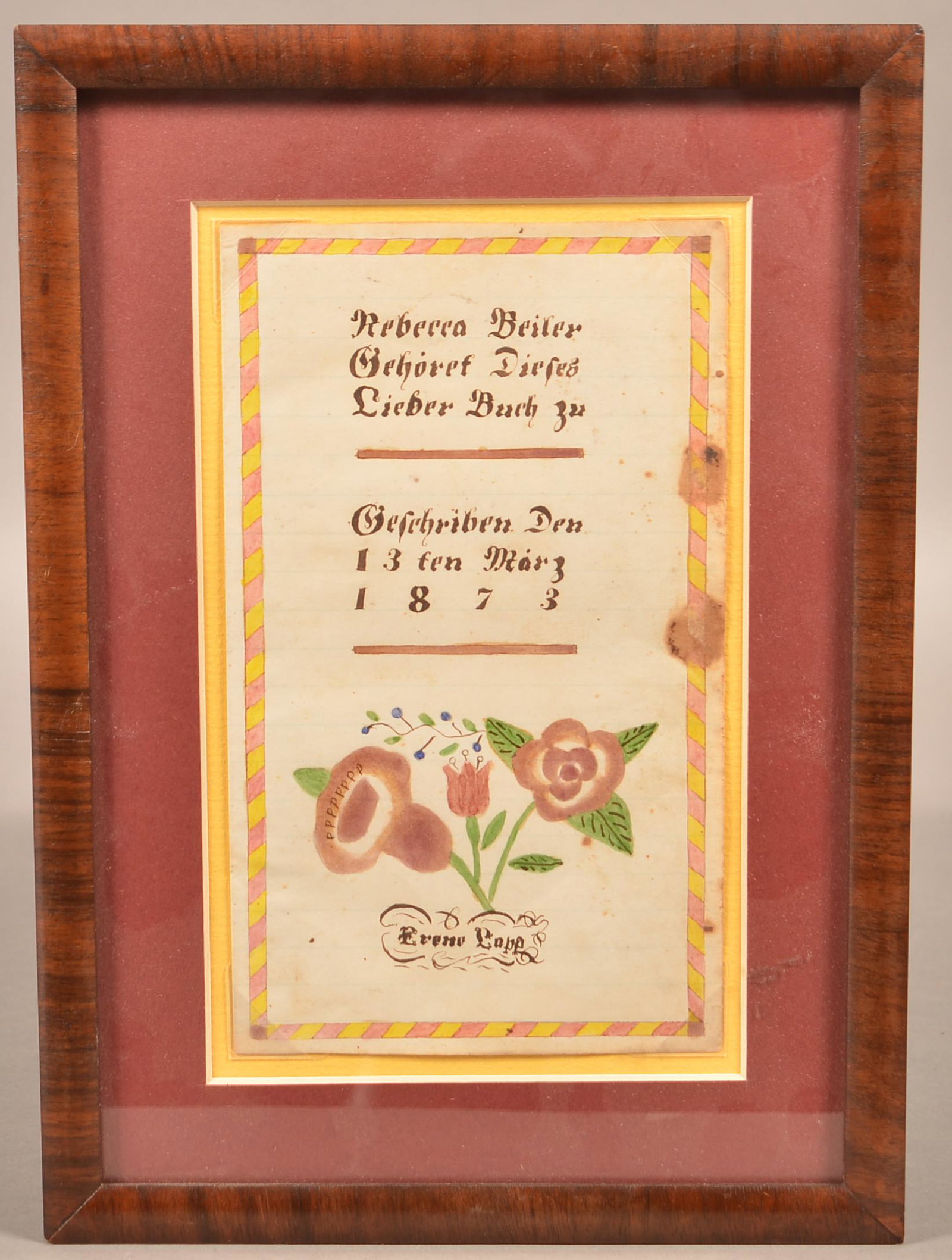 1873 Amish Fraktur Bookplate Signed Frene Lapp.: 1873 Amish Fraktur Bookplate Signed Frene Lapp. Bookplate Identifies Rebbeca Beiler as its owner, born 13th of March 1873. Frene Lapp only signed about 1/2 of her bookplates. Unusual triple flower mot