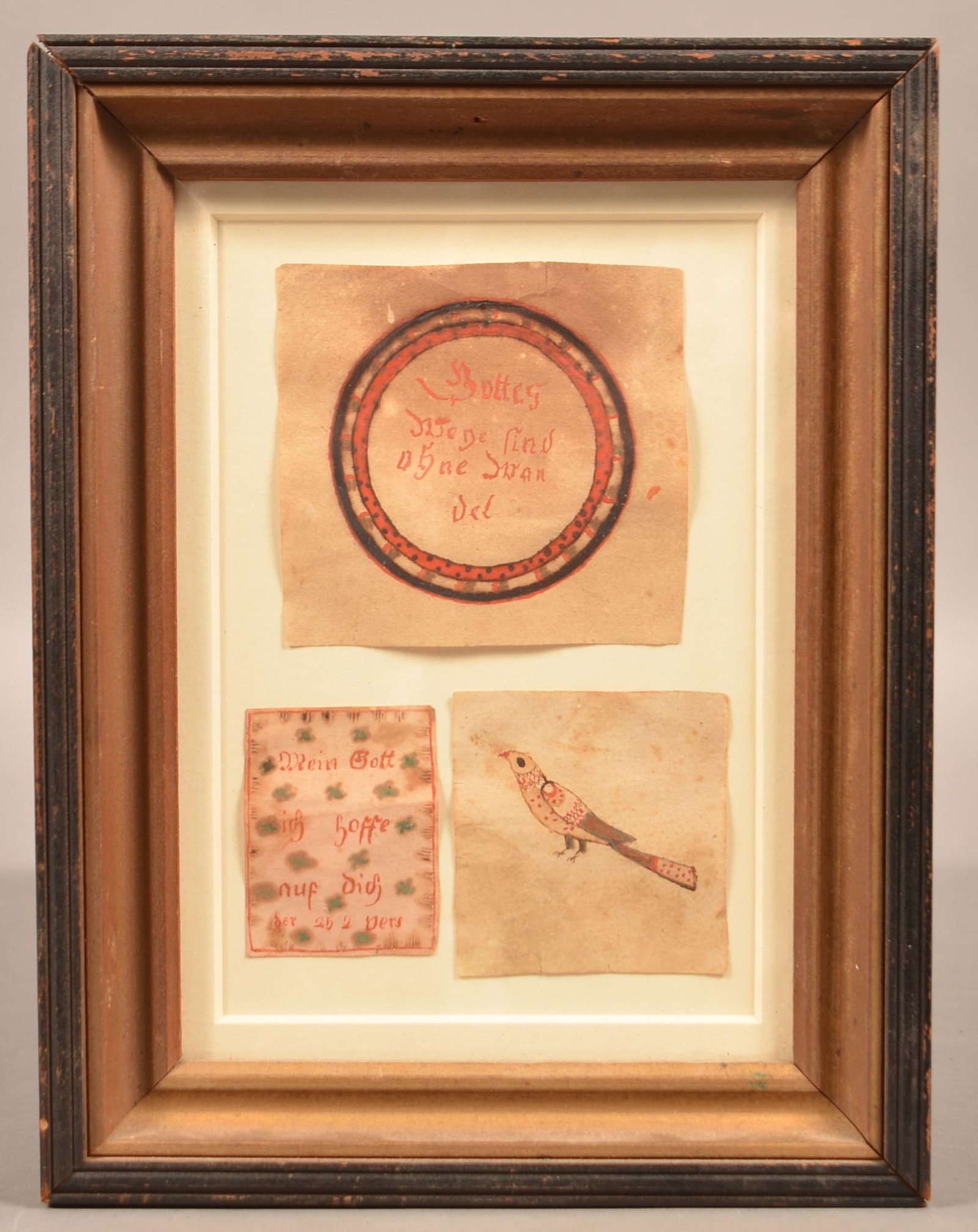 Three Small Early 19th Century Framed Fraktur Plates.: Three Small Early 19th Century Framed Fraktur Plates. Watercolor and ink on paper. Two are religious text and one is a bird drawing. In a molded frame 8-3/4" x 6-3/4" overall. Condition: Good with ton