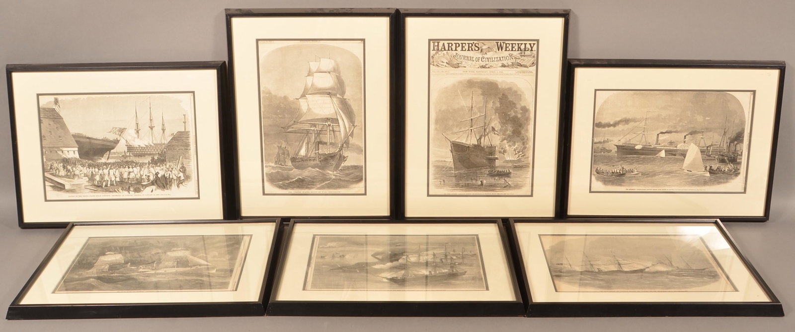 Seven Harpers Weekly Nautical Prints. Dated 1860-1864.: Seven Harpers Weekly Nautical Prints. Dated 1860-1864. Framed and matted, 15-1/2" x 20" overall. Condition: Good with toning.