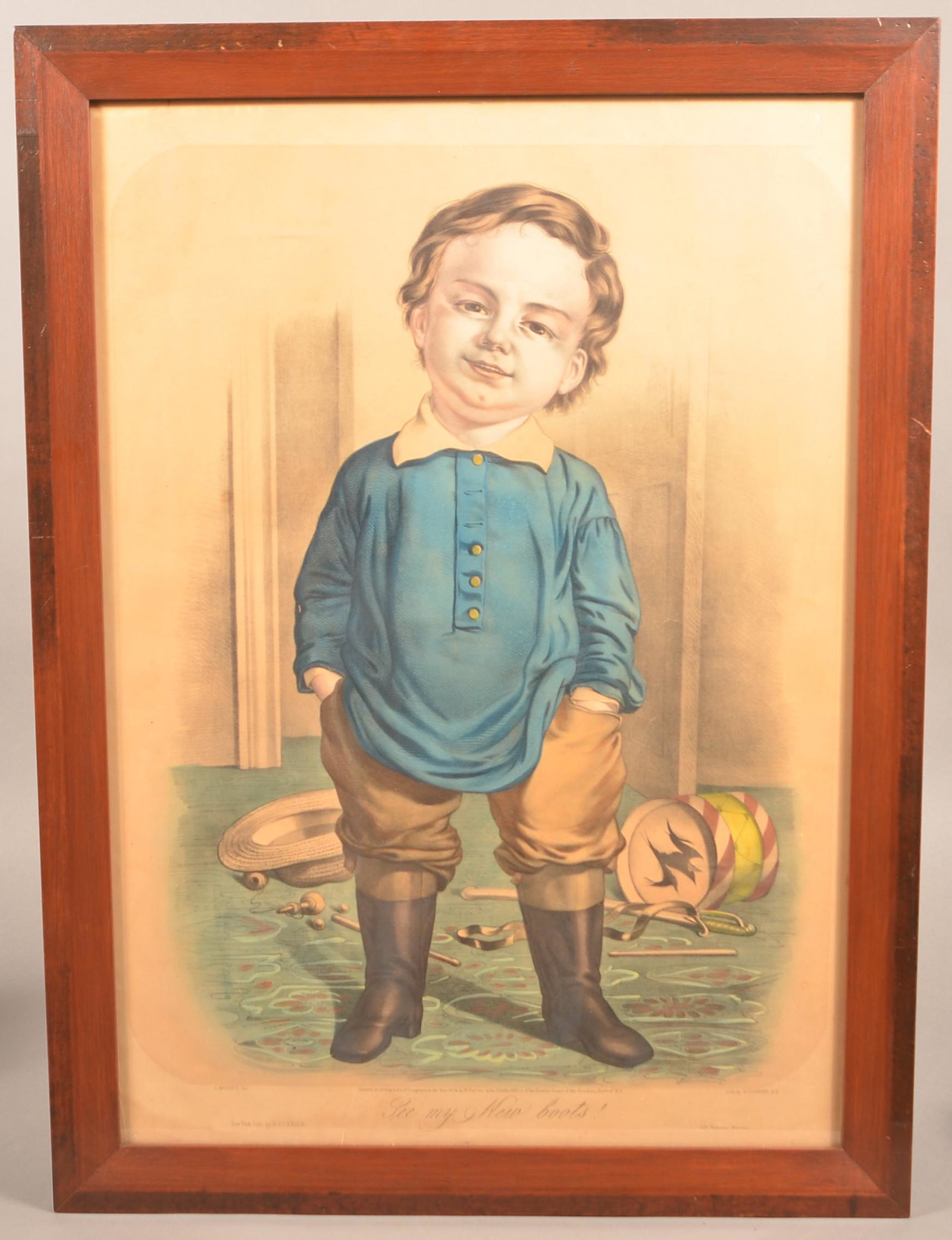 N. Currier Hand Colored Lithograph "See My New Boots".: N. Currier Large Folio Hand Colored Lithograph "See My New Boots". Circa 1858. Framed, 31" x 23" overall. Condition: Good with toning and foxing.