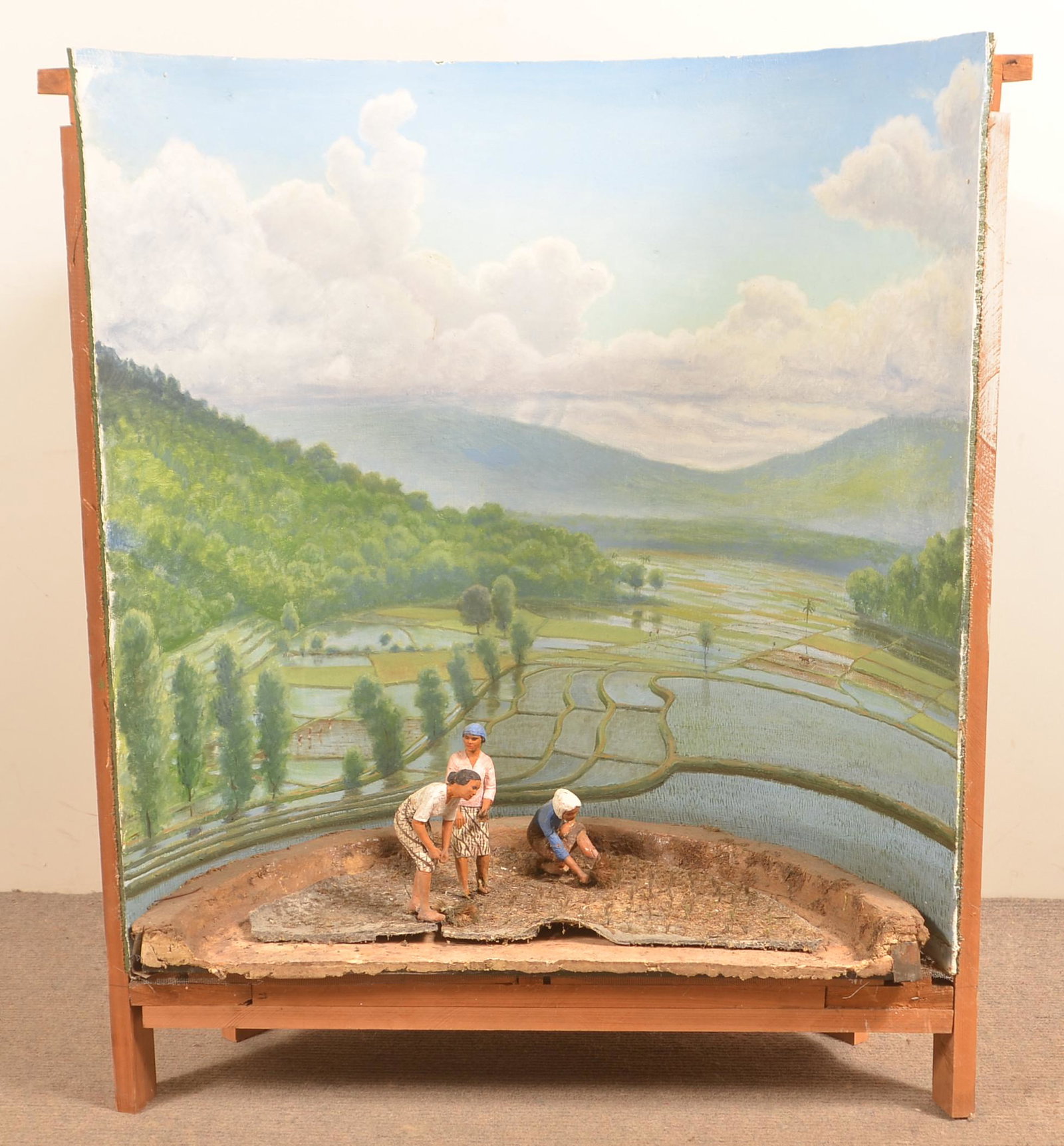 Earl Poole Large Diorama Asian Rice Paddy Field.: Earl Poole Large Diorama Asian Rice Paddy Field. (Earl L. Poole, Berks County, PA. 1891 - 1972). A large wood, wire, and mixed media museum display diorama depicting three figures in a rice paddy fiel