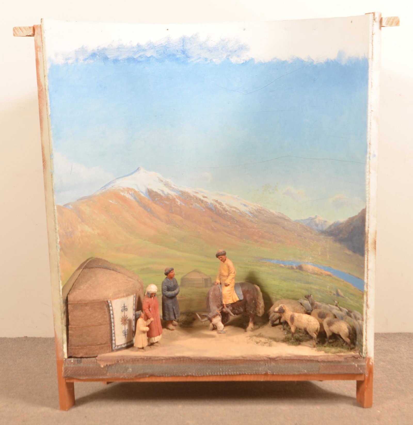 Earl Poole Large Diorama Asian Workers with Sheep.: Earl Poole Large Diorama Asian Workers with Sheep. (Earl L. Poole, Berks County, PA. 1891 - 1972). A large wood, wire, and mixed media museum display diorama depicting a hut with figures, a man on a s