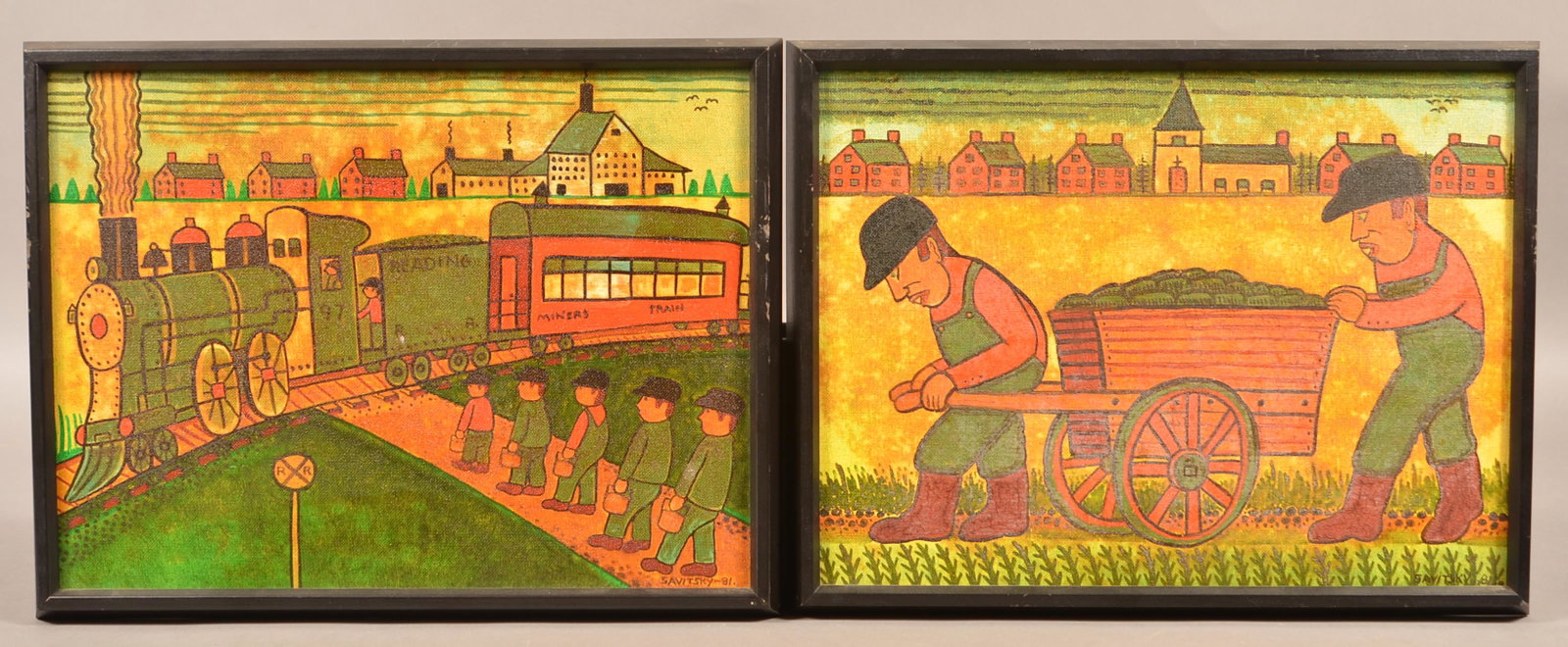 Jack Savitsky Pair of Oil Folk Art Coal Mining: Jack Savitsky Pair of Oil on Board Folk Art Coal Mining Paintings. (John (Jack) Savitsky, Pennsylvania, 1910-1991). One depicting men boarding the Reading Miners train and signed "Savitsky 81", and th