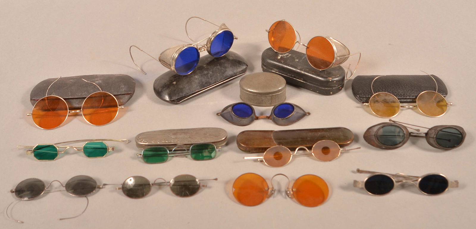 13 Pairs of Antique/Vintage Colored Lens Eyeglasses.: 13 Pairs of Antique Colored Lens Eyeglasses. Condition: Good with use wear.