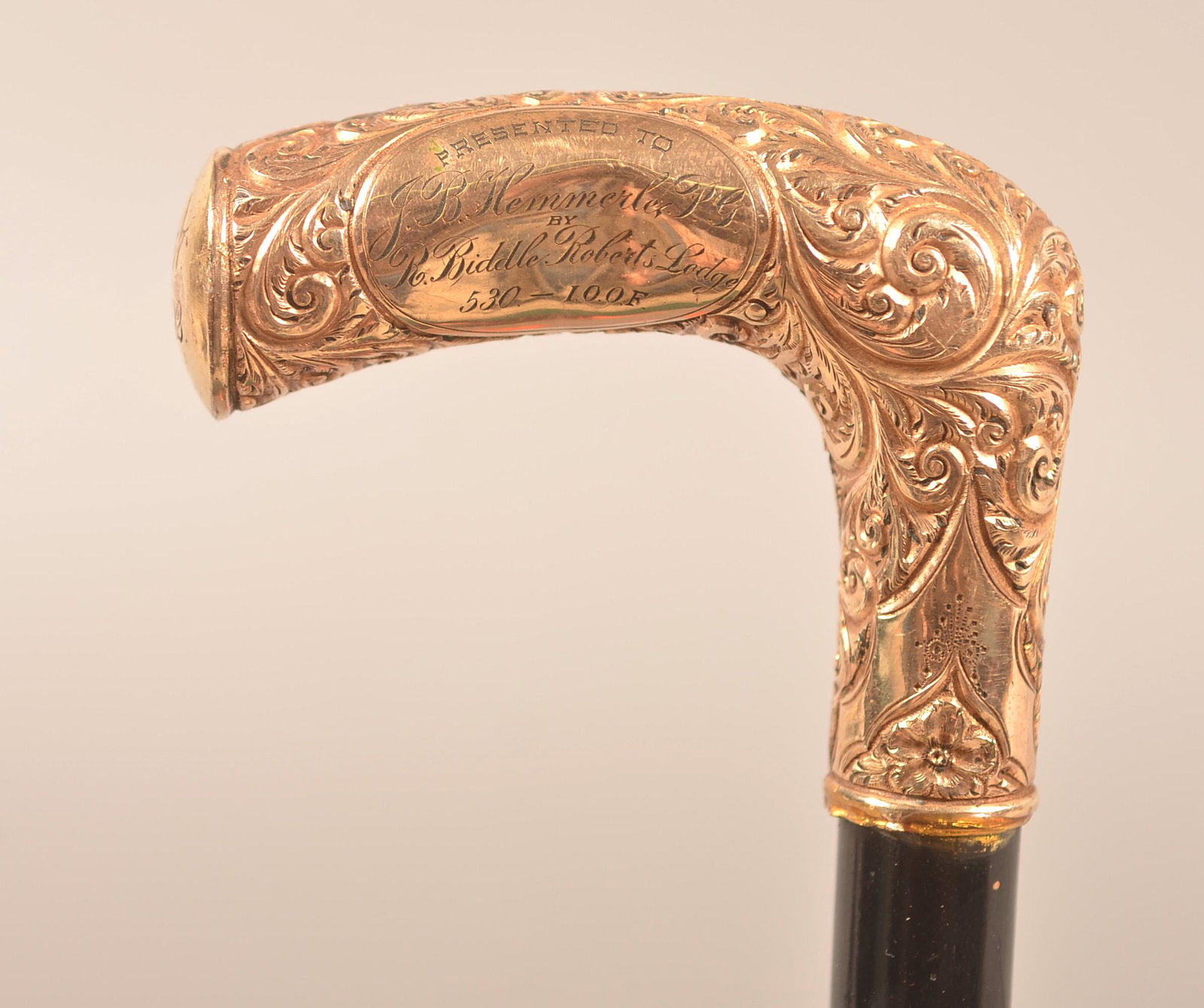Antique Odd Fellows Presentation Cane.: Antique Odd Fellows Presentation Cane. Gold filled handle inscribed "Presented to J.B. Hemmerle, P.G., by R. Biddle Roberts Lodge 530 - I.O.O.F.". 32"l. overall. Condition: Good with dents.