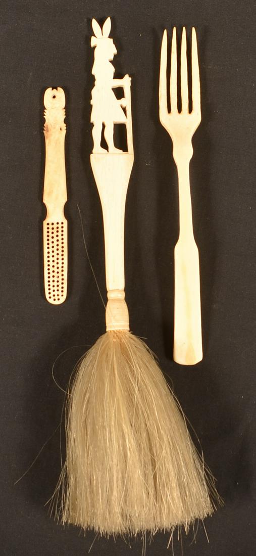 Three Antique Carved Bone Pieces.: Three Antique Carved Bone Pieces. Indian brush 12"l. Condition: Good with use wear and minor repairs.