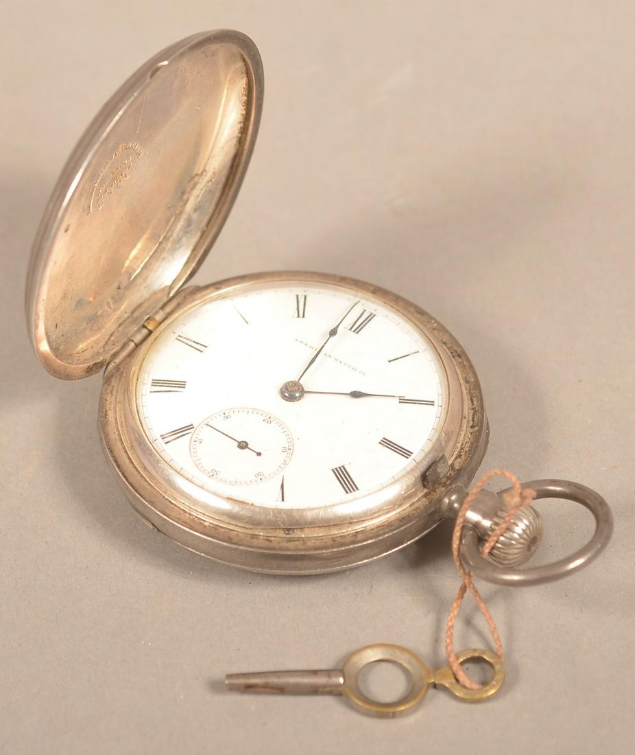 Antique Coin Silver American Watch Co. Pocket Watch.: Antique Coin Silver American Watch Co. Hunter's Case Pocket Watch. Pocket watch signed on the porcelain dial American Watch Co. Case stamped "Am. Watch Co. Waltham, Mass. Warranted Coin Silver". Movem