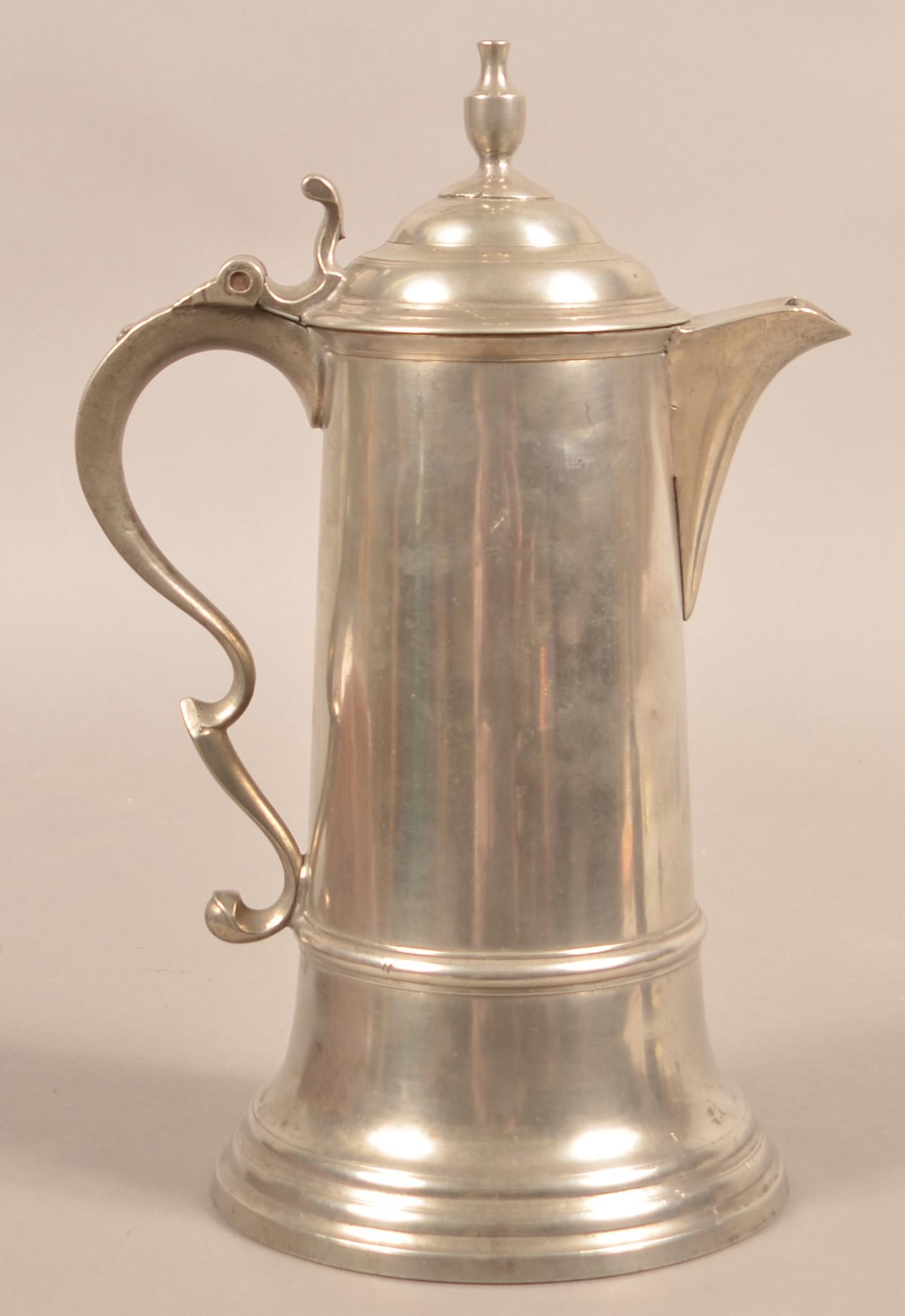 Early 19th Century American Pewter Flagon.: Early 19th Century American Pewter Flagon Signed “TD & SB”. (Thomas Danforth & Sherman Boardman- Hartford Connecticut 1805-1850). Vasiform finial, shaped handle and flared base. 14"h. Condition: V