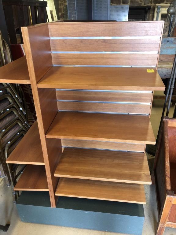 Contemporary Slap Back Display/ Book Shelf: with rolling base. 54 1/2"H x 35"W x 23"D