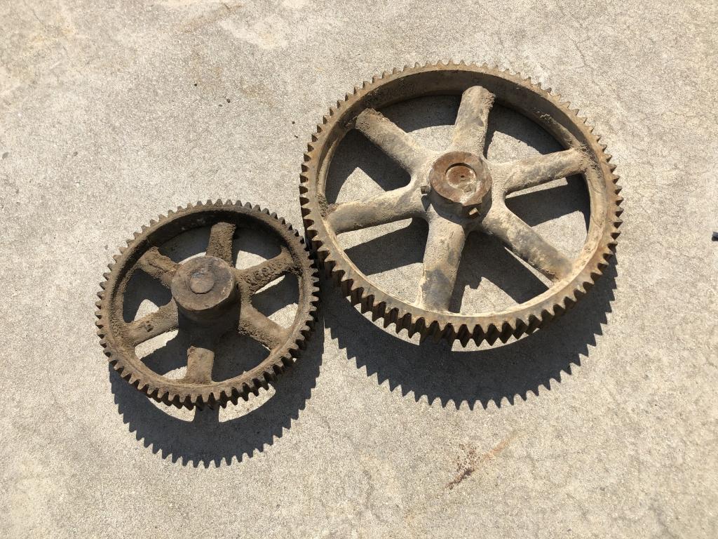 Pair of Vintage Cast Iron Six Spoke Sprockets: with teeth. Largest- 20"D. Condition: Good, needs cleaned.