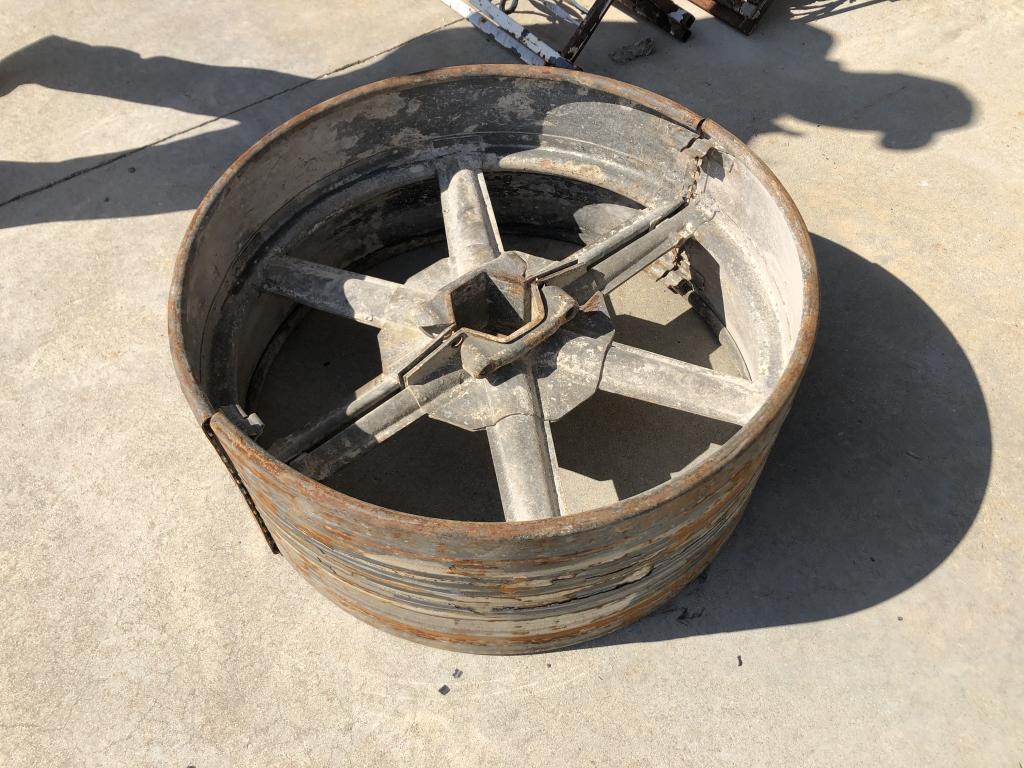Vintage Metal Two Part 6-Spoke Pulley: 30"D x 13"W. Condition: Good with minor surface rust and minor dings.