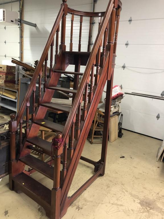 Victorian Rolling Library Bookcase Steps: 8 steps with banister handrail. 9'H (incl. banister) x 36"W. Condition: Very Good.
