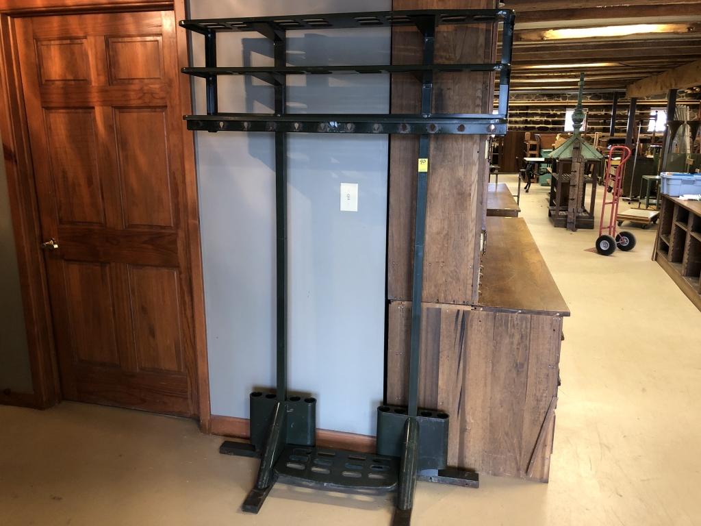 Vintage Metal Coat, Hat & Umbrella Rack: Stamped "Gingher- Scranton, PA". 48 1/2"W x 76 1/2"H x 17 1/2"D. Condition: Good with very minor surface rust.