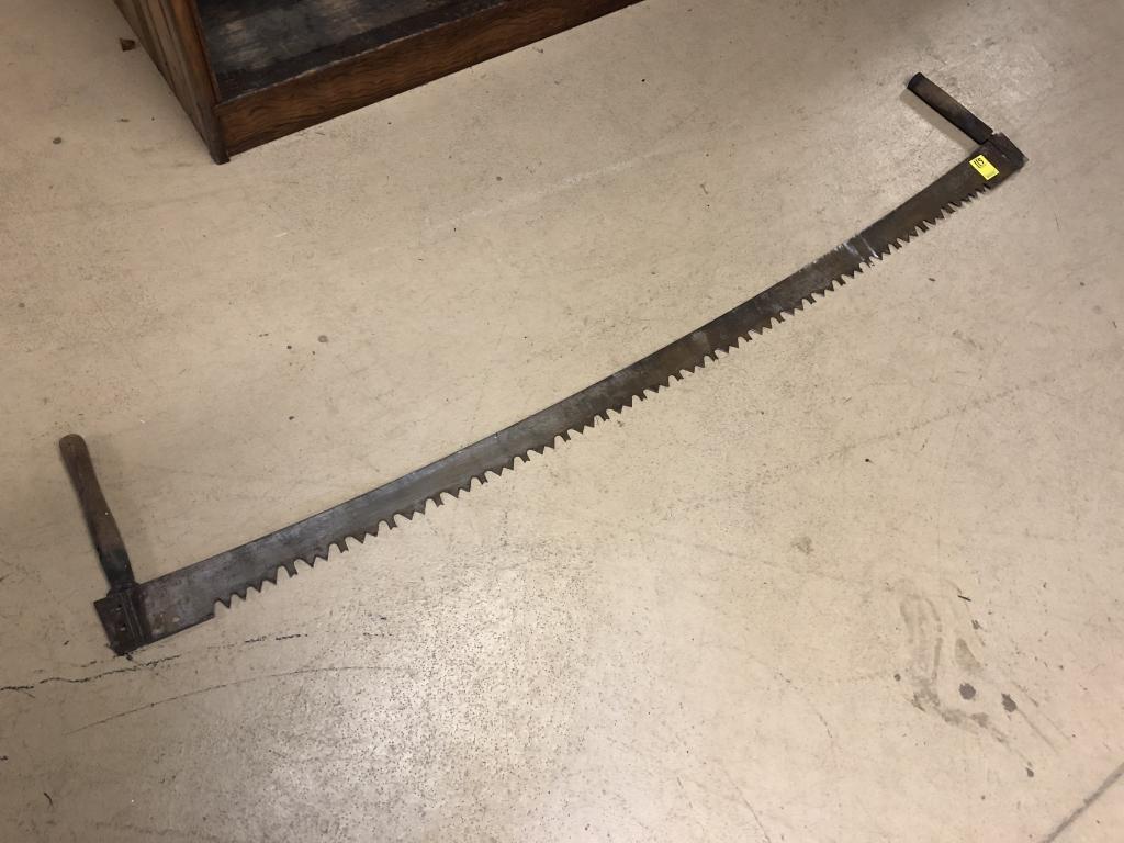 Vintage Two-Man Saw: with wooden handles. 72"L. Condition: Good with use & wear.
