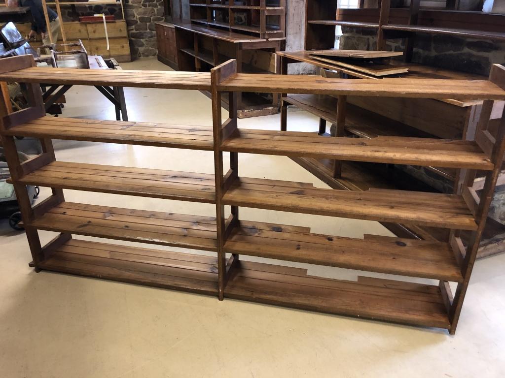 Pine Open Country Store Display Shelf: Originally removed from Sprecher's Hardware Store in Ephrata. 86"L x 44"H x 12"D. Condition: good with slight alterations.