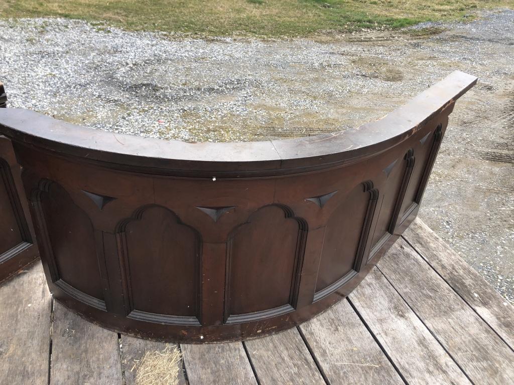Arch Paneled Radius Church Railing: Approx. 19 lineal ft.Cherry or Walnut. Condition: Good with use & wear.
