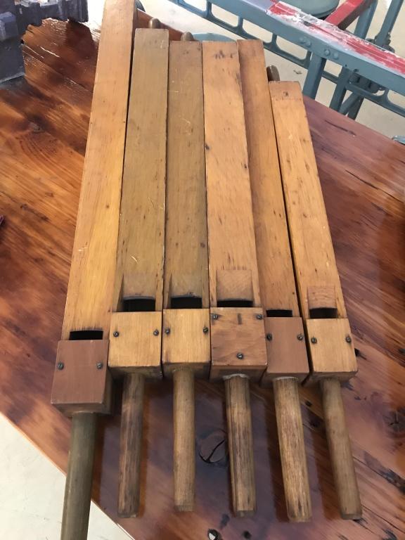 5-1890’s Graduated Pine Wooden Pipe Organ Flutes: Longest-39”. Condition: Very good