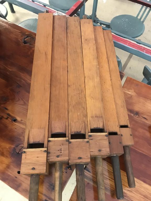 6- 1890’s Graduated Pine Wooden Organ Flutes: Longest-42-1/2”. Condition: very good