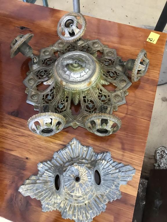 2 vintage Cast Metal Ceiling Light Fixtures: Largest Diam 15”. Condition: Good with use and wear