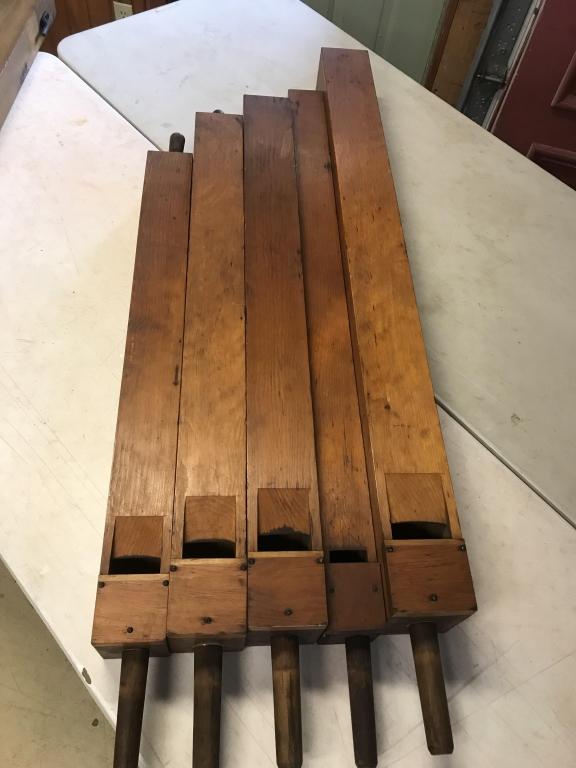 5-1890’s Graduated Pine Wooden Organ Flutes: Longest-60”. Condition: Very good