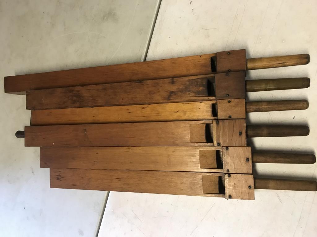 6-1890’s Graduated Pine Wooden Organ Flutes: Longest-41”. Condition: Very good