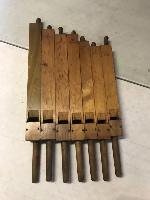 7-1890’s Graduated Pine Wooden Organ Flutes: Longest-29”. Condition: Good, one handle broken