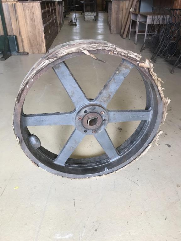 Vintage NOS cast iron 6 spoke pulley: with 1-3/4 diameter spindle, mkd “ Electron Corp. Denver, COL Diameter-25-3/8” Condition, very good