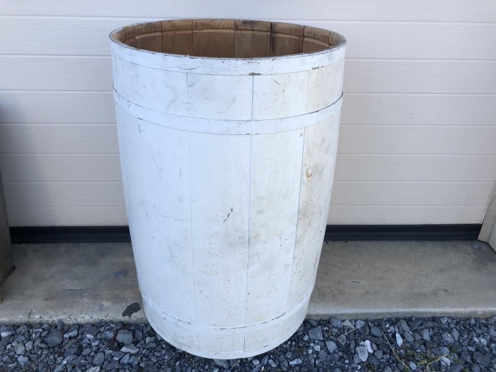 Wooden Nail Keg: with metal bands painted white. 22"H x 14 3/4"D. Condition: Good.