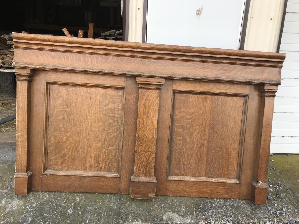 Oak Quarter Sawn Panel : with square columns and bold cornice. W-75”H-45-1/4”. Condition: Good.