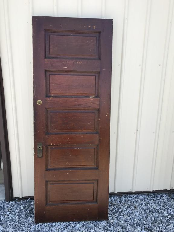 Vintage Chestnut Raised Panel Interior Door : with 5 raised panels. 30”X80”. Condition: Good, painted on one side and stained on other side.