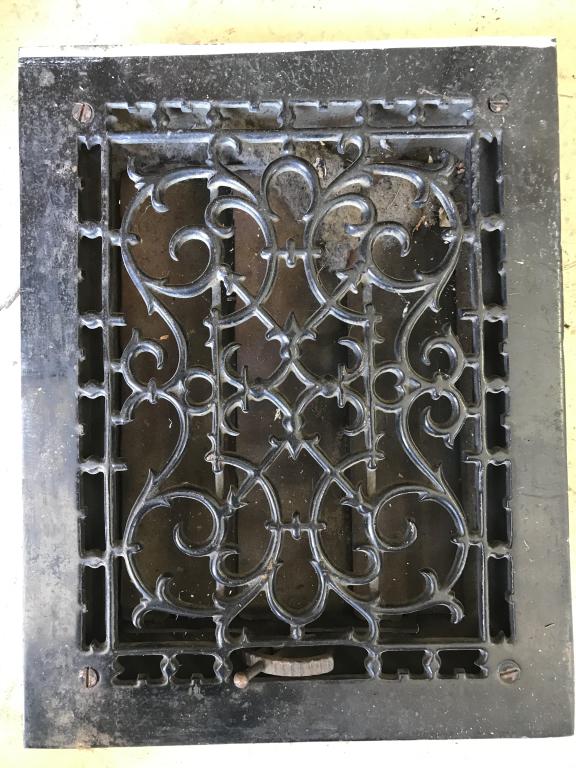 Vintage Victorian Floor Heat Register: with ornate metal cast design. 10-3/4”X14”. Condition: Good