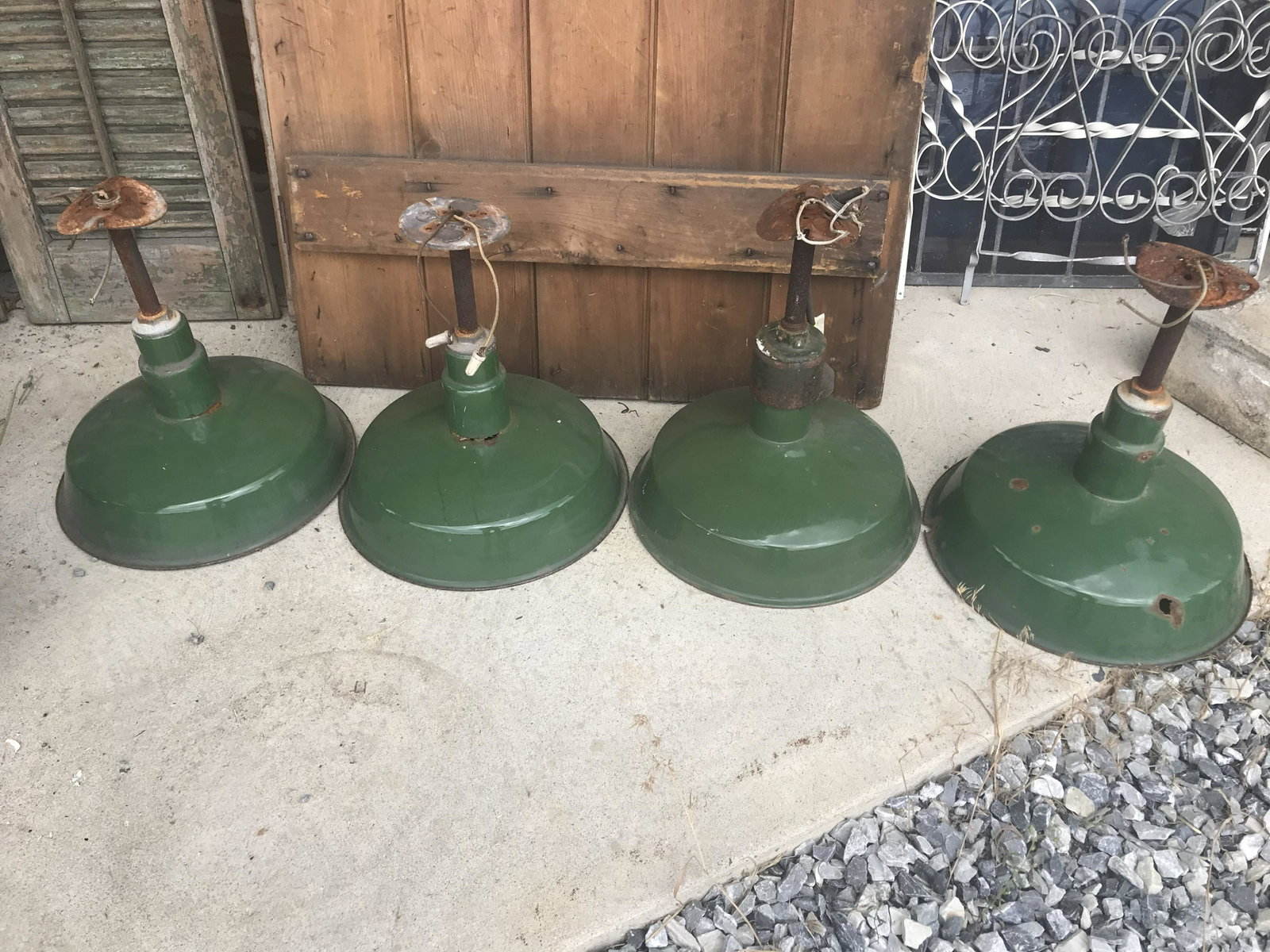 4 Enameled Vintage Store Lights: H-14”D-14” Condition: Good with use and wear