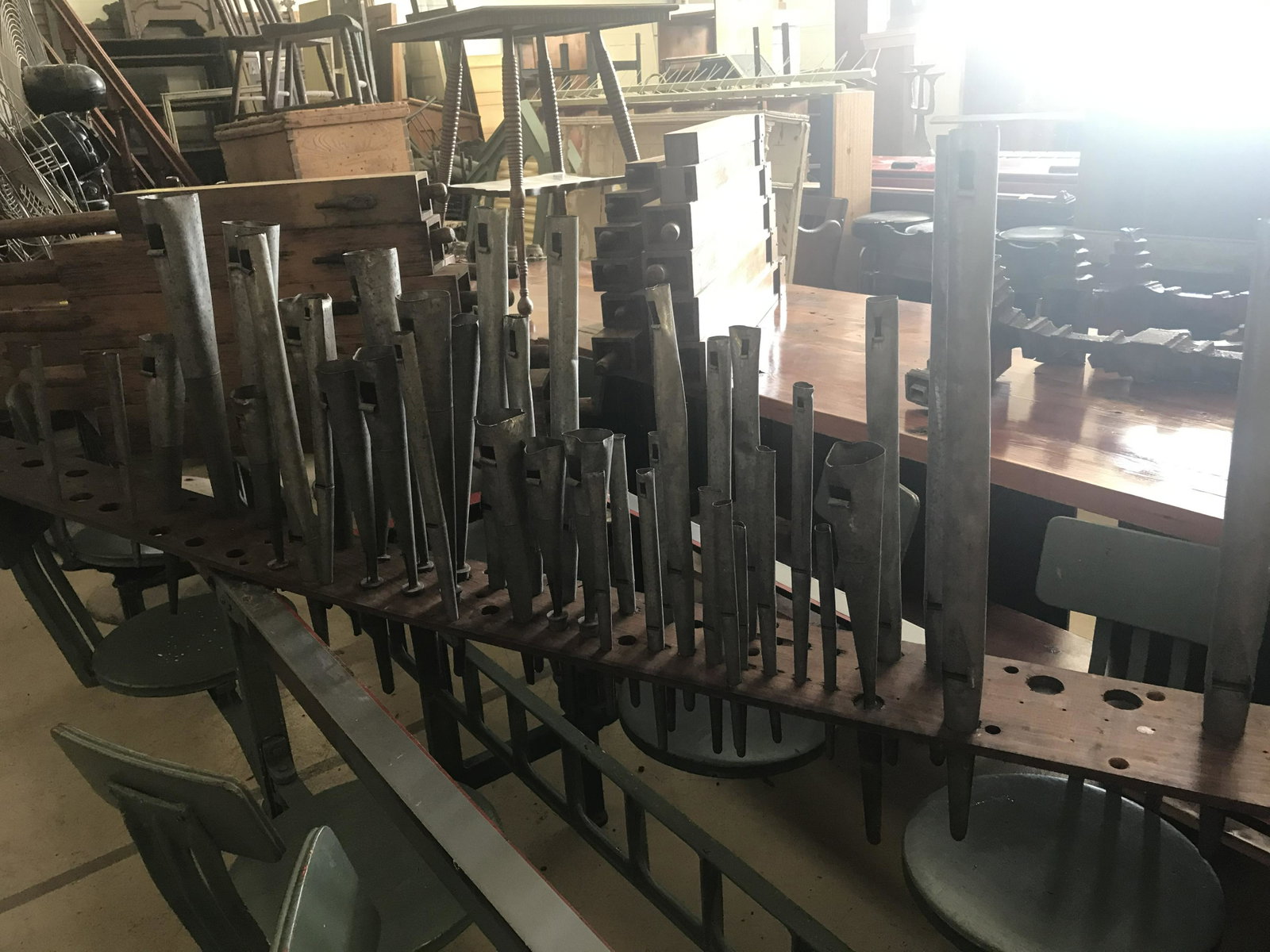 38 Lead Fluted Vintage Organ Pipes With Vintage Display: Removed from 1896 pipe organ Various sizes Condition: Good