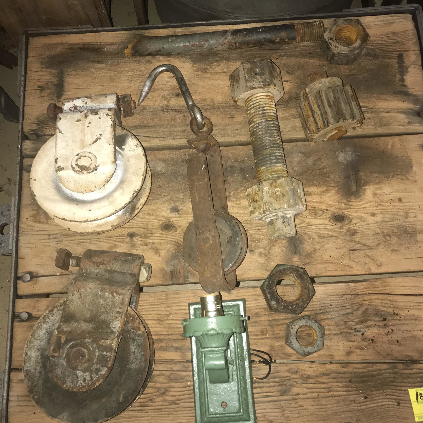 2 Early Metal Pulleys and Misc. Hardware: Pulleys-D-8”. Condition:Good.