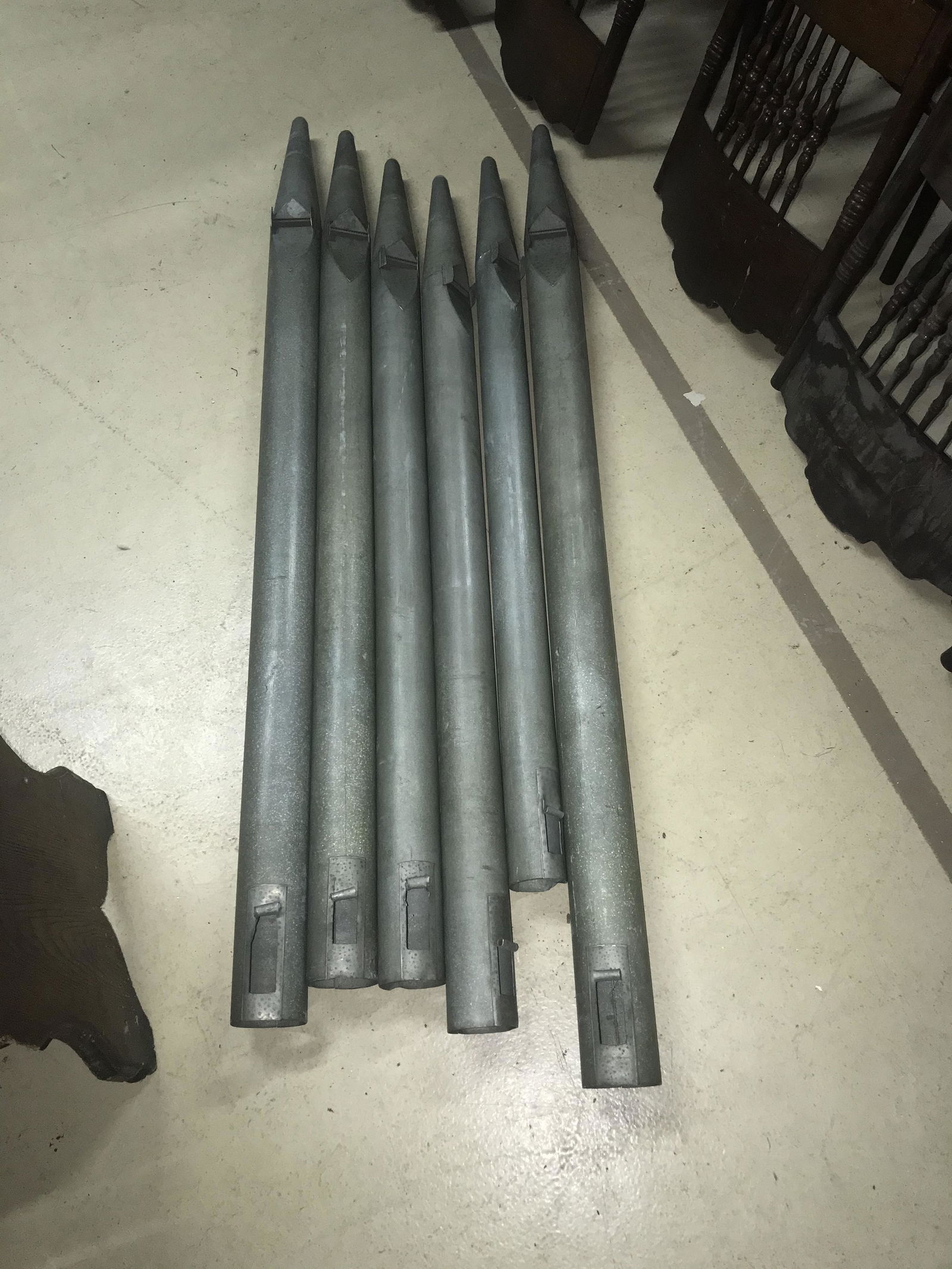 6 Vintage Tin Organ Pipes: Longest-58”. Condition. Good.Early railroad bench with slatted seat and spindle back. L-108”. Condition: Good,needs cleaned.