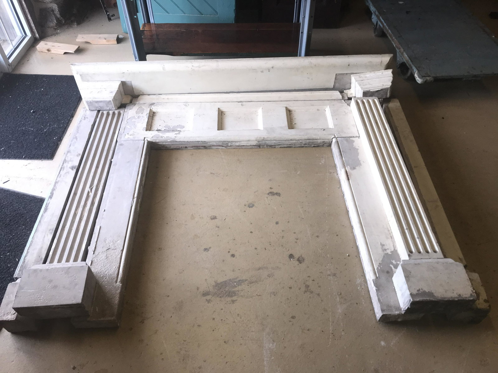 Poured & Shaped Concrete Fire Place Mantle: Having Reeseâ€™s columns and sunken panels. W-78”H-60”. Condition: Very good, all pieces intact.