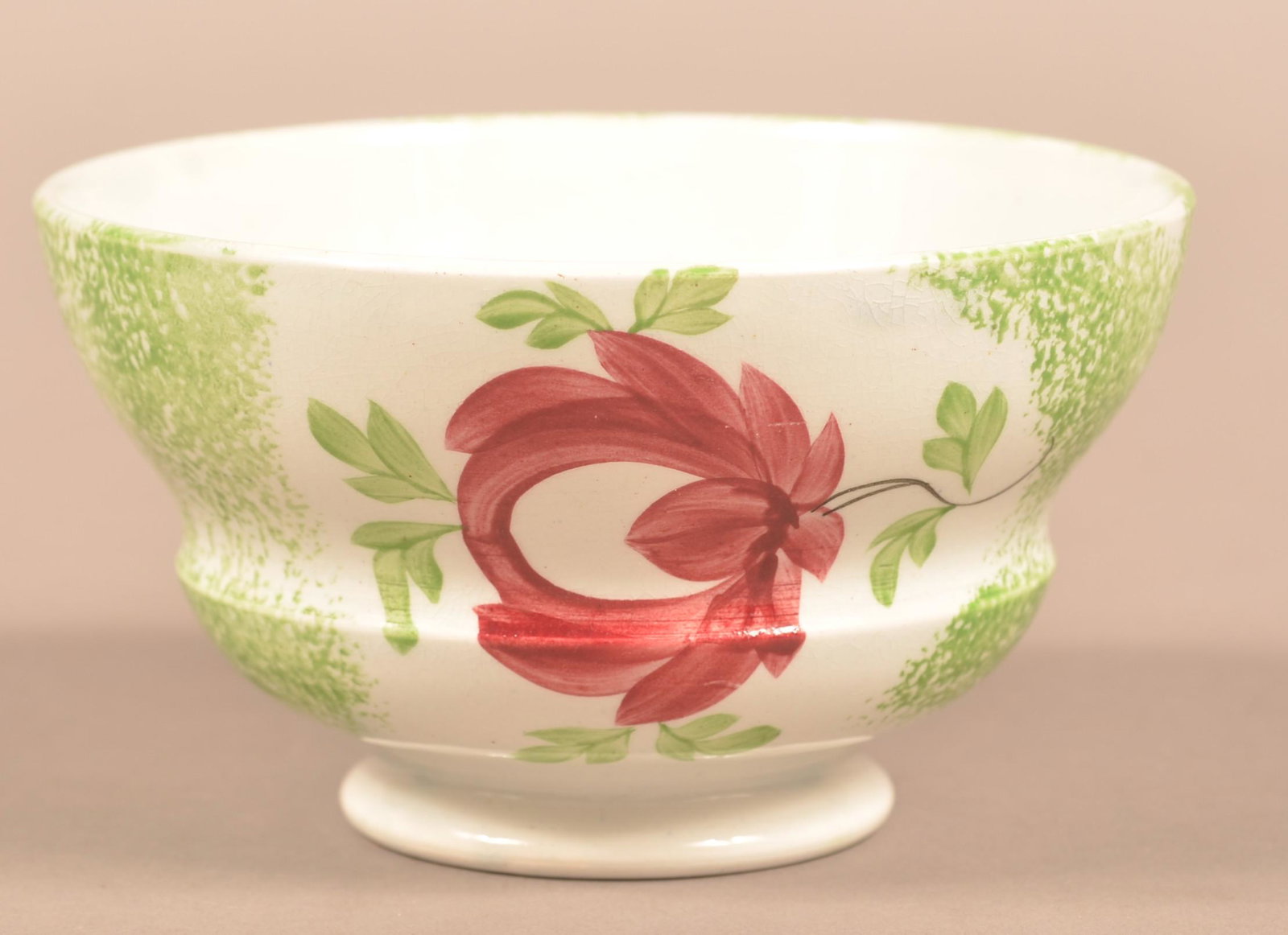 Green Spatter Adams Rose Pattern China Waste Bowl.: Green Spatter Adams Rose Pattern China Waste Bowl. Eugene and the late Vera Charles, Lancaster, PA. 2-3/4"h. x 5" diam. Condition: Very good.