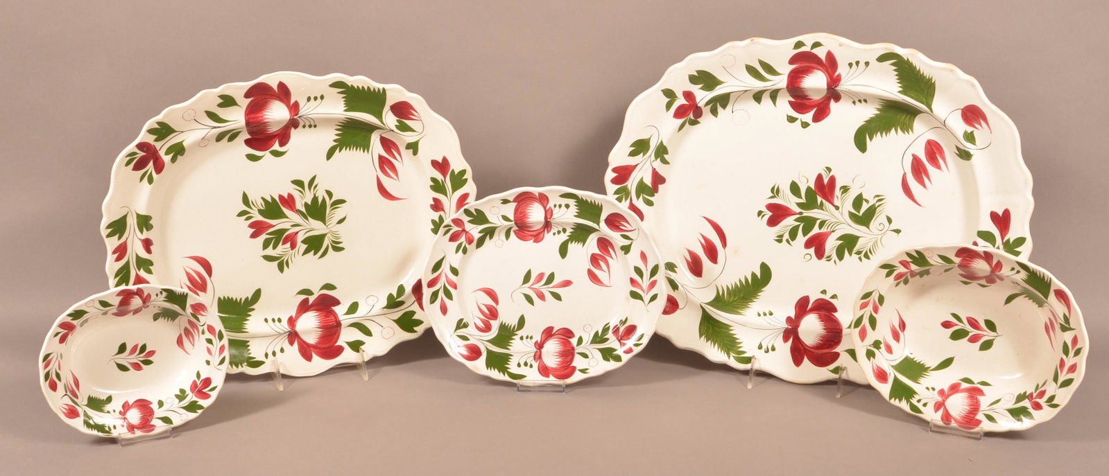Five Pieces of Early Adams Rose Staffordshire China.: Five Pieces of Early Adams Rose Staffordshire China. Three platters and two open vegetable bowls. Eugene and the late Vera Charles, Lancaster, PA. Largest platter 17-3/4". Condition: Very good.